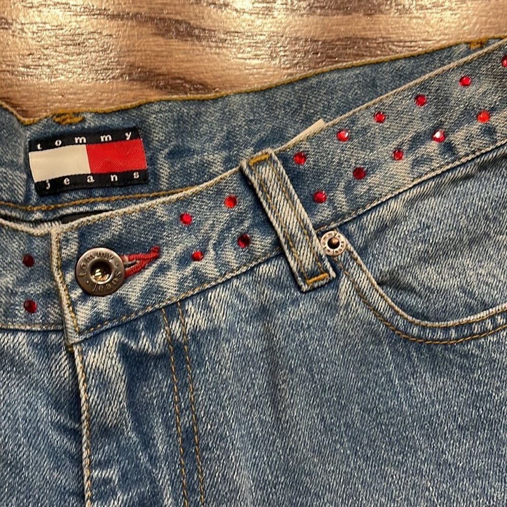 NWT TOMMY JEANS VINTAGE woman’s Star dazzle rhinestone flare  jeans high slits 9 - Picture 11 of 17
